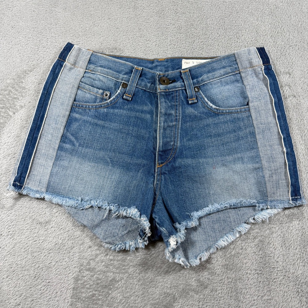 Rag‎ & Bone Marilyn Denim Shorts 24 Blue Reverse Selvedge Denim Frayed Hem